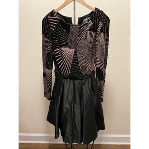 Betsy Adam Black Rose Gold Glitter Geometric Long Sleeve Dress Size 6